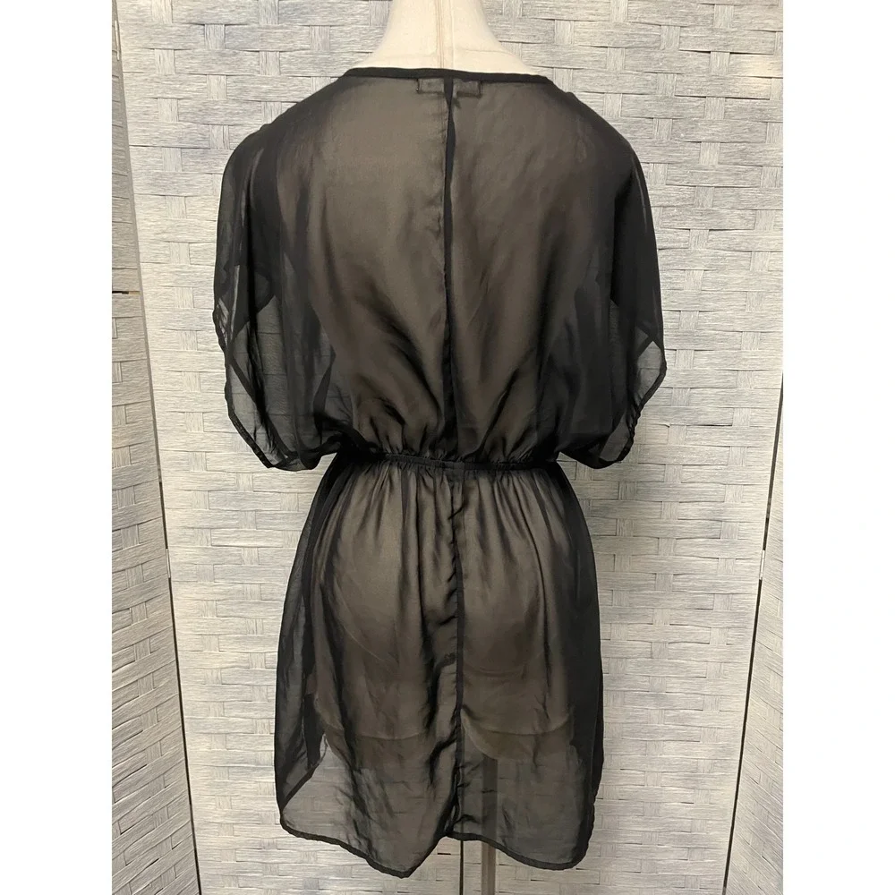 Miken Swim Large Cover Up Womens Black Lace Trim Sheer Kimono Sleeve Boho Beach